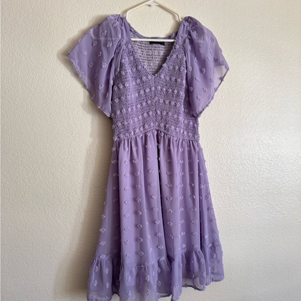 Purple Smocked Midi Dress with Flutter Sleeves for Wedding Guest